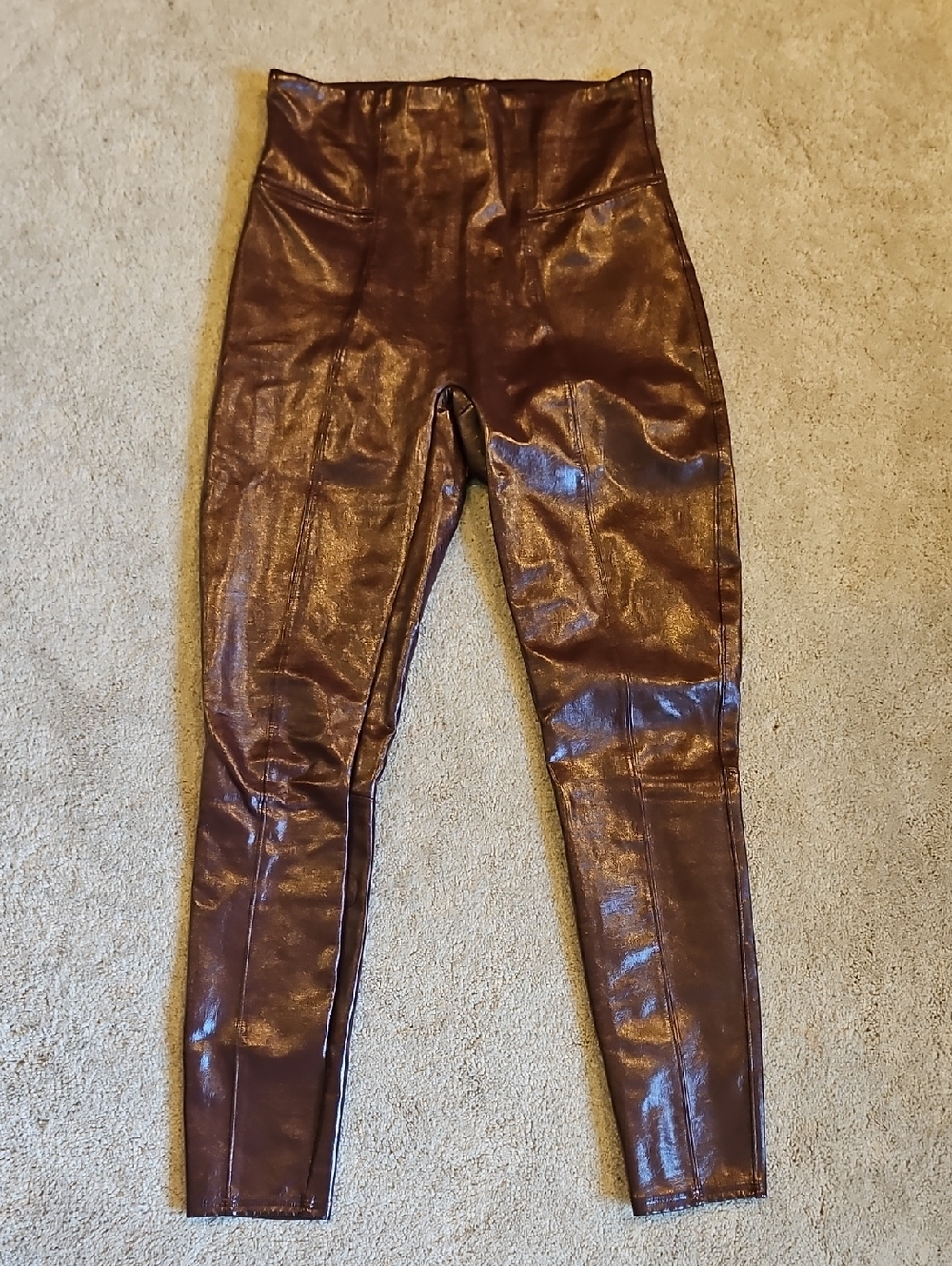 SPANX Shiny Burgundy Faux-Leather High-Waist Leggings